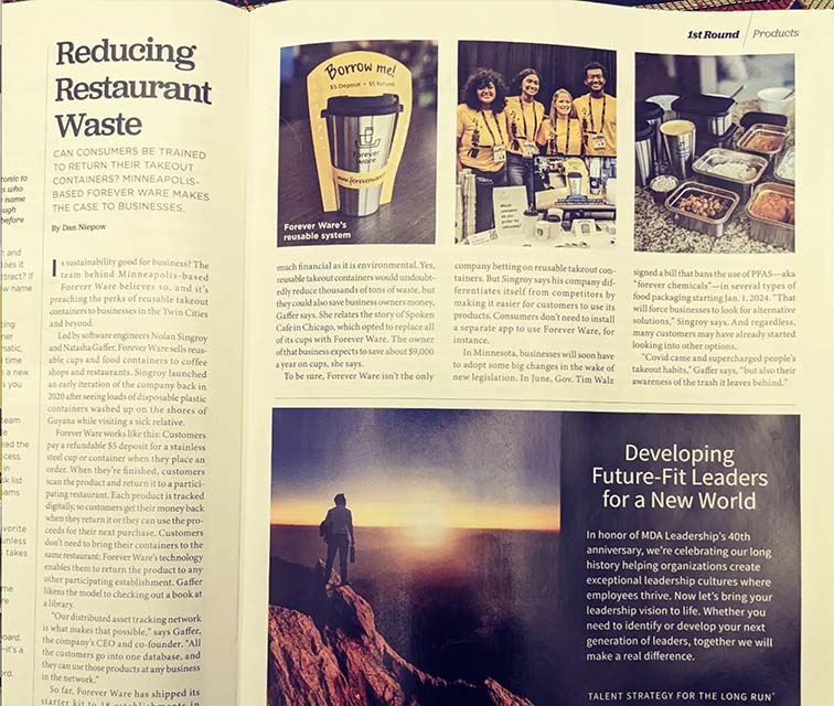 Twin Cities Business magazine opened to an article titled \'Reducing Restaurant Waste\' with photos of a reusable to-go mug and reusable food containers